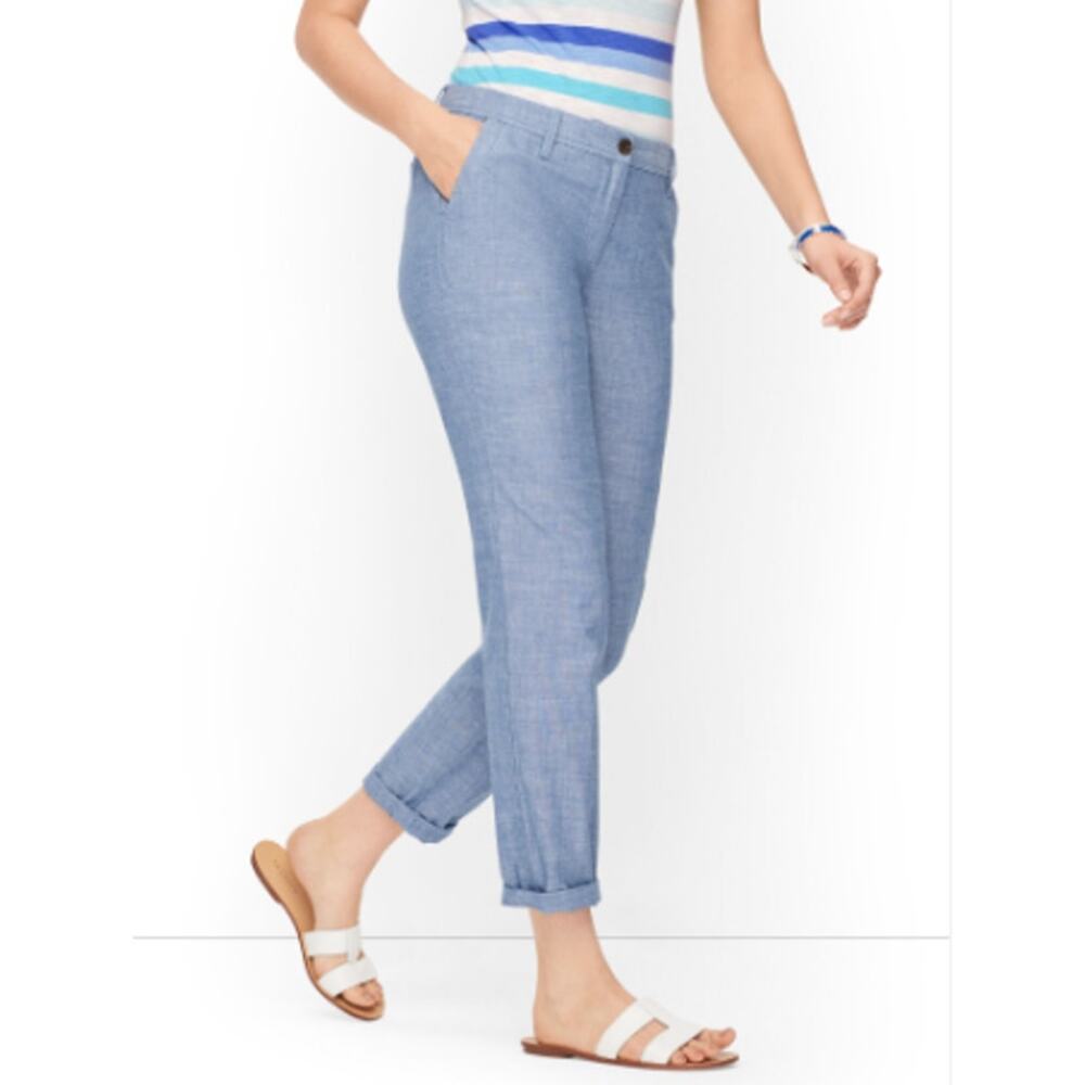 Talbots Girlfriend Chino Pants Women's 8 Blue Cotton Chambray Tapered Leg